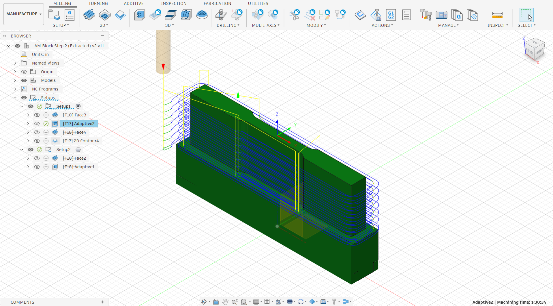 A screenshot of CNC machining software displays a 3D model of a metal part with blue toolpaths illustrating an adaptive milling operation. The interface shows machining setup parameters, tool selections, and simulated cutting paths used to program a CNC mill.